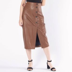 Brown Fitted Waist Button Pleather Midi Skirt